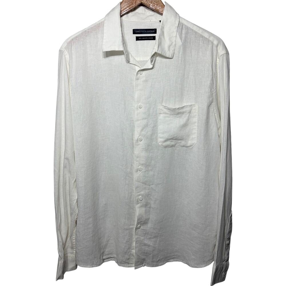 Saks Fifth Avenue Shirt Mens White Linen Viscose Beachy Coastal Dress Casual L